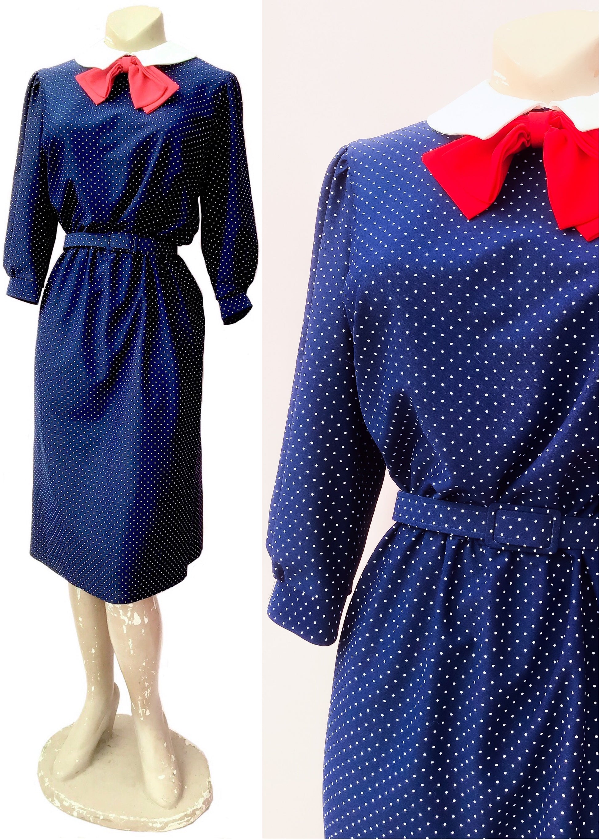 Late 70s blue spotty diana dress with peter pan collar and red bow, matching belt at the waist