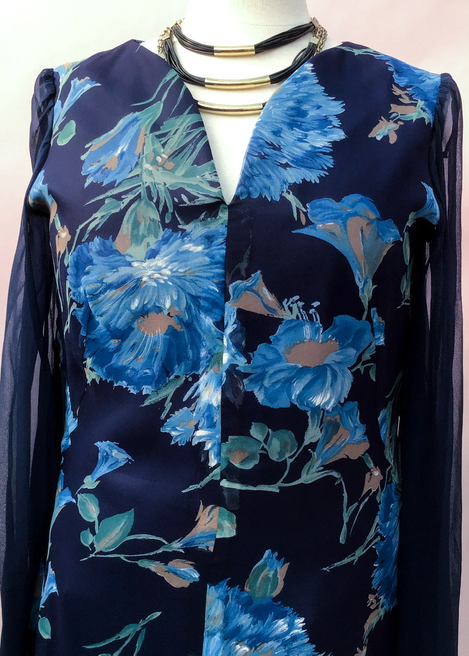1970s Vintage Cornflower Blue Floral Chiffon Evening Maxi Gown