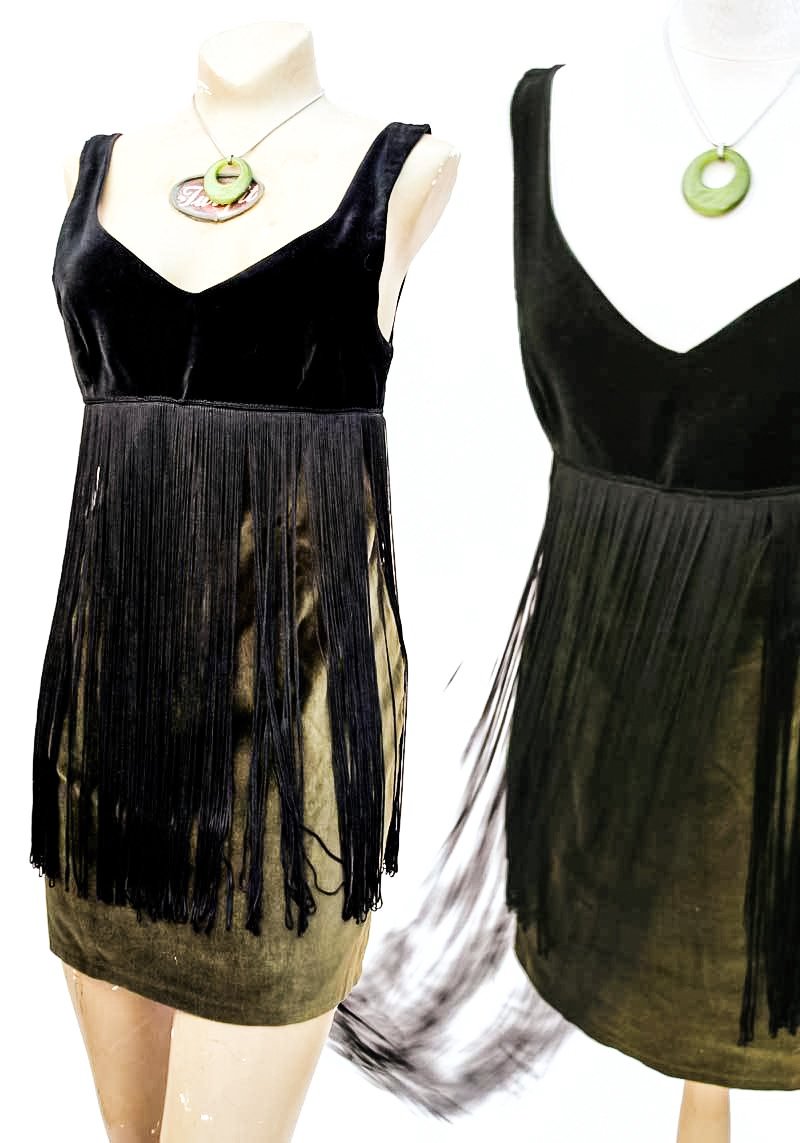 black and olive green velvet fringed minidress, 60s go-go dancer style by miss selfridge