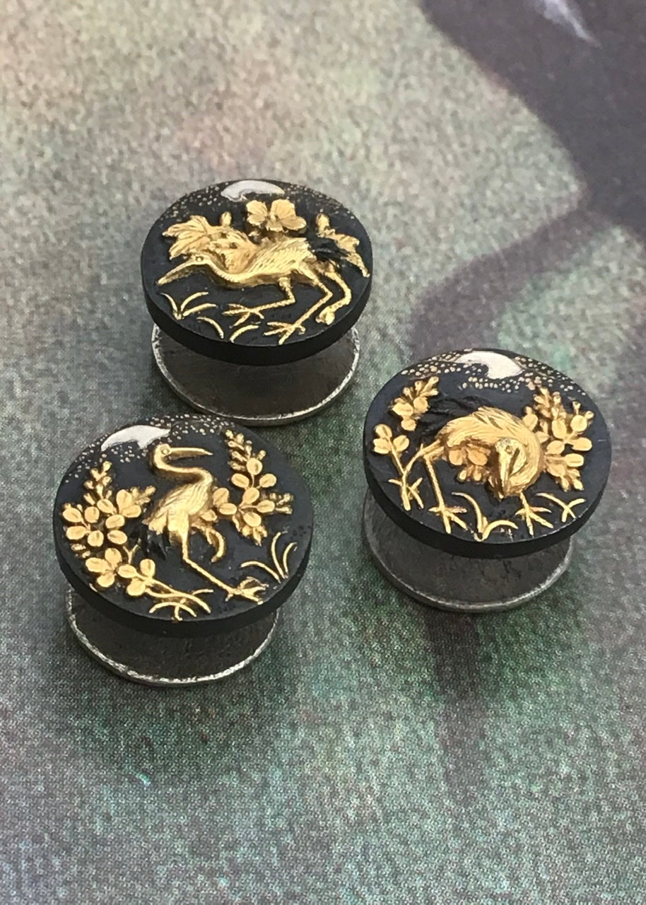 1800s Antique Japanese Shakudo Wedding Set of Button Studs, Brooches