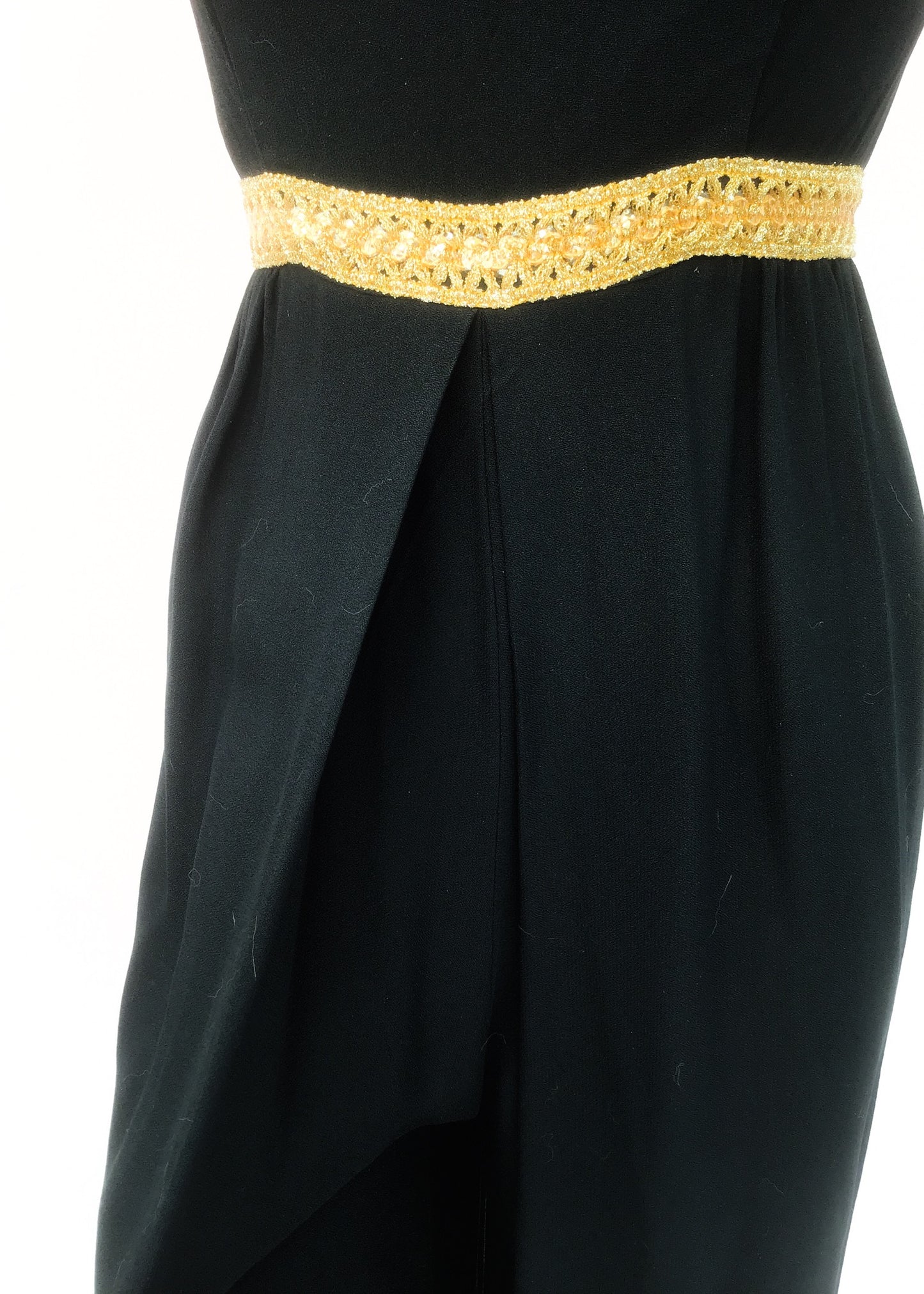 1960s Vintage Black & Gold Sleeveless Crepe Culottes Jump Suit • UK size 10 • Disco