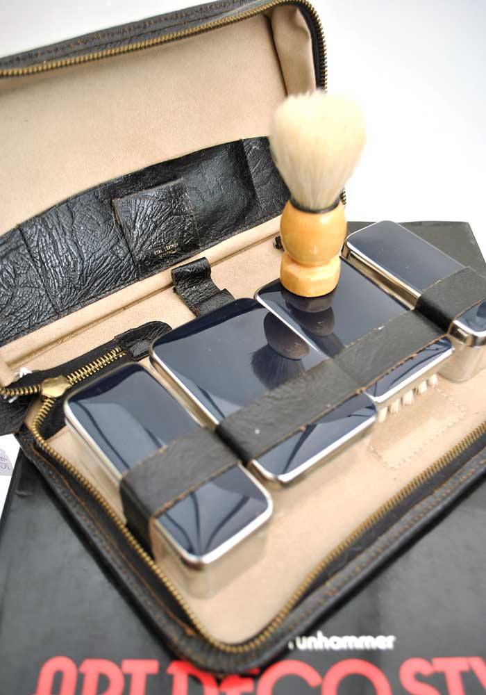 Vintage deco travel shaving grooming kit in black leather case