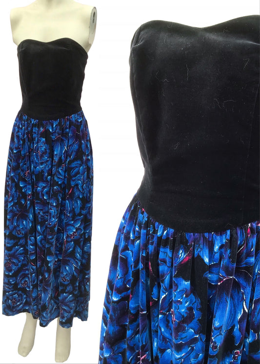 1970s Vintage Black & Blue Floral Velvet Strapless Cocktail Dress 💙 XS