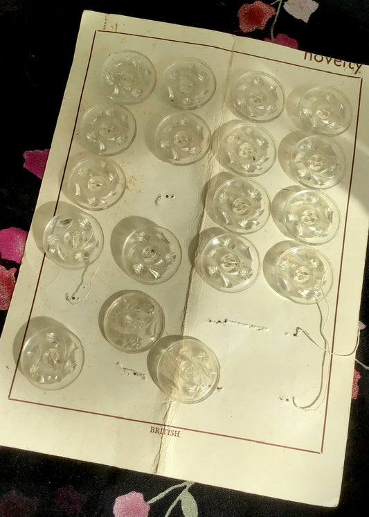 18 Vintage Clear Plastic Deadstock Buttons on Original Card
