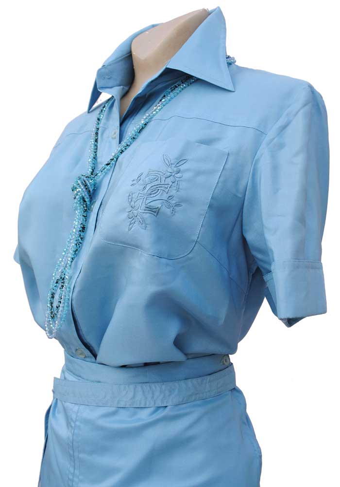 1970s Vintage Pale Blue Silk Skirt & Blouse Safari Suit Set • Short Sleeve