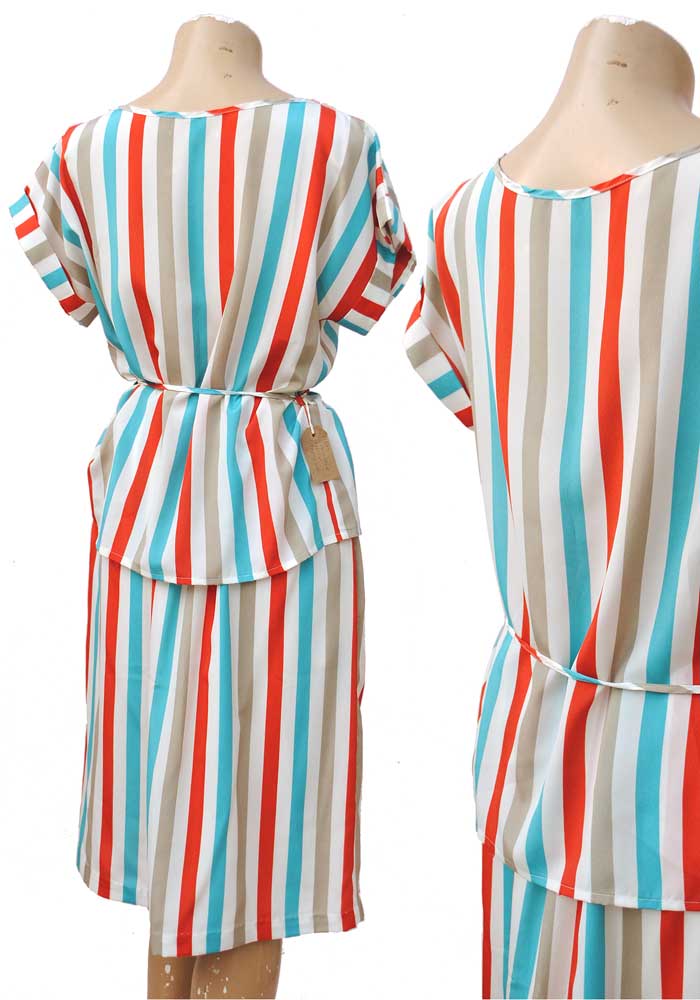 1980s Vintage Candy Stripe Summer Skirt Set • Silky Stripes Turquoise Red Grey White