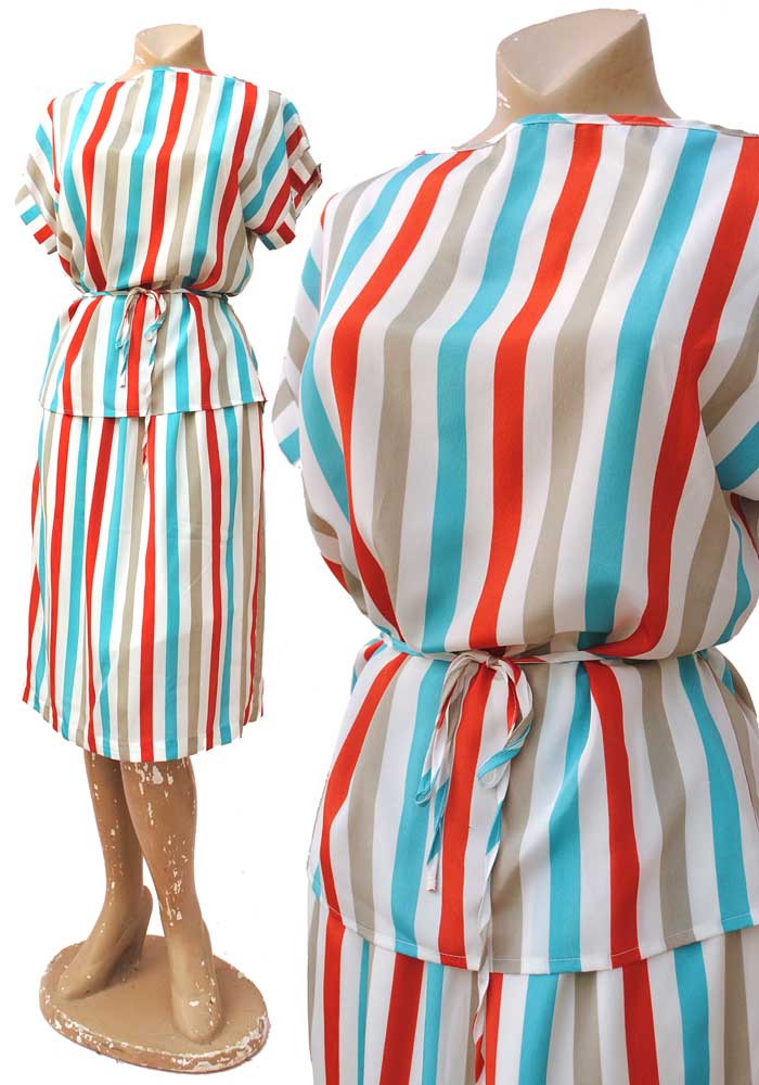 candy stripe turquoise, grey, white and red two piece skirt and blouse, vintage 70s 80s summer outfit