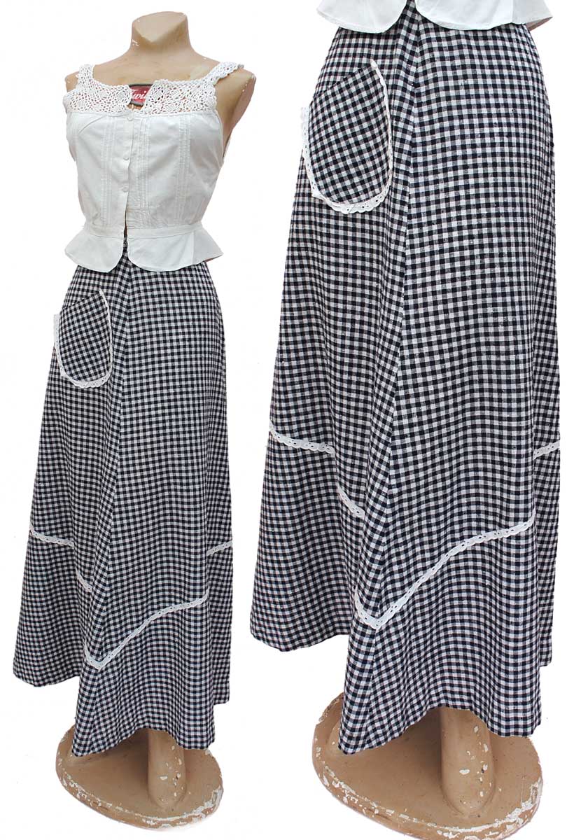fun vintage 70s maxi skirt in blue gingham with white lace ribbon trim and a front patch pocket
