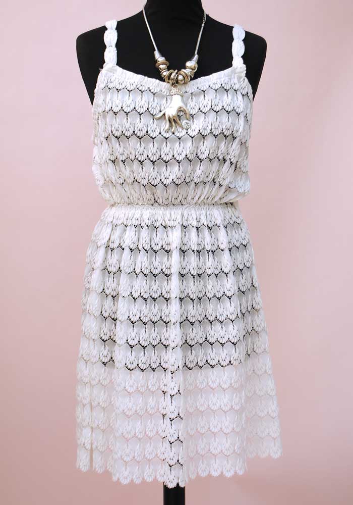 vintage white lace strappy mini dress with elastic waist, perfect for summer holidays, sun dress.