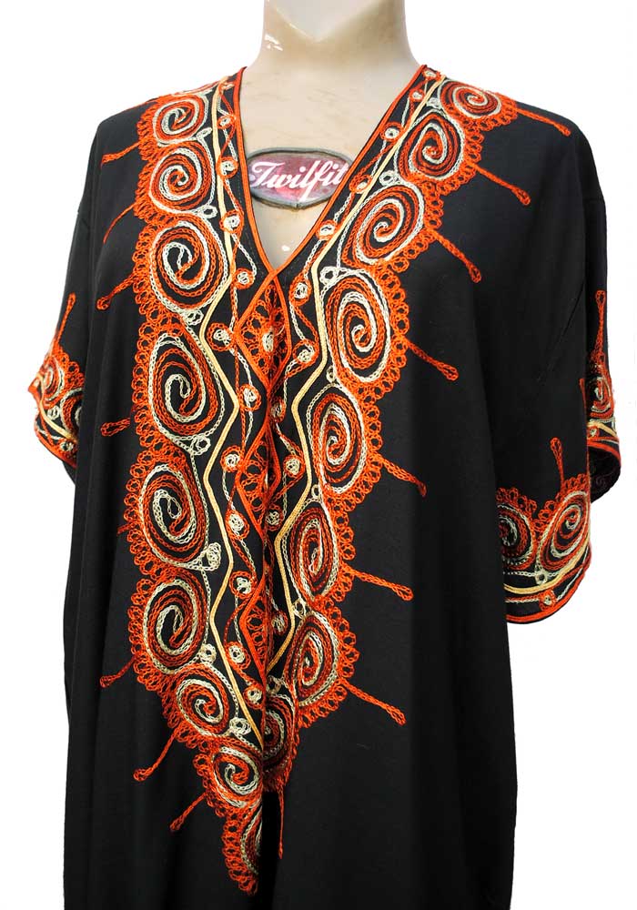 1970s Vintage Black & Orange Crewel Embroidered Kaftan Dress
