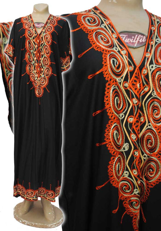 traditional black kaftan dress with orange embroidery