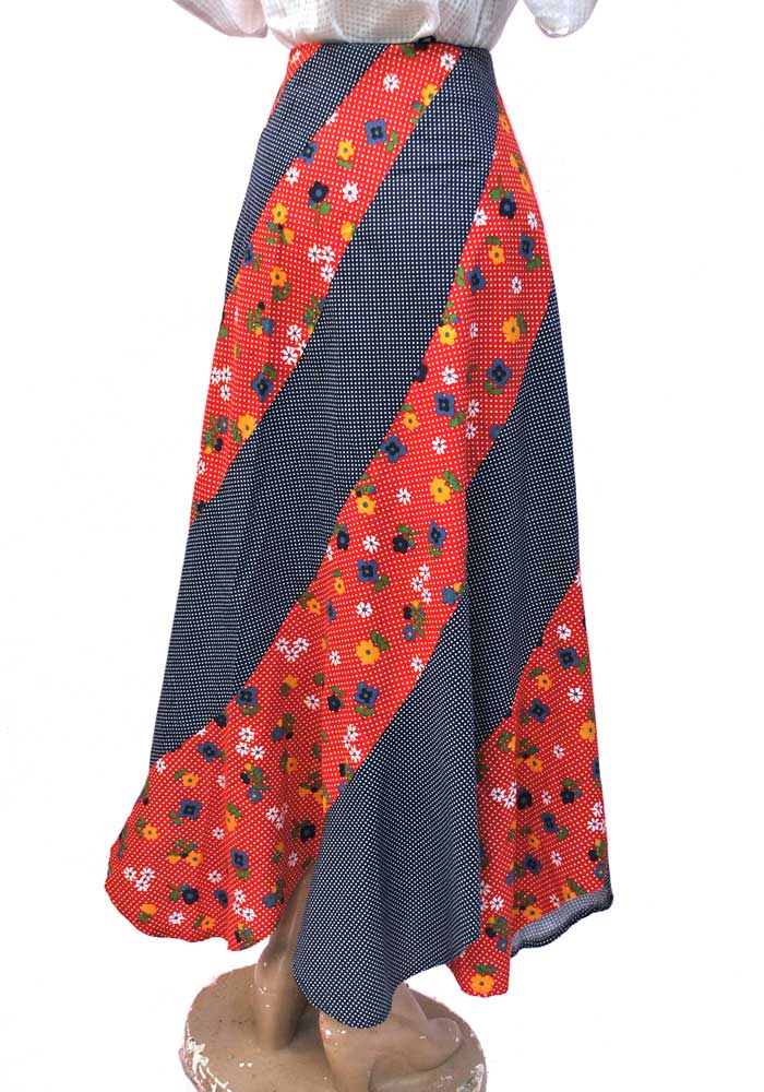 1970s Vintage Red and Blue Patchwork Floral Maxi Skirt • Scarf Hem • Polka Dots