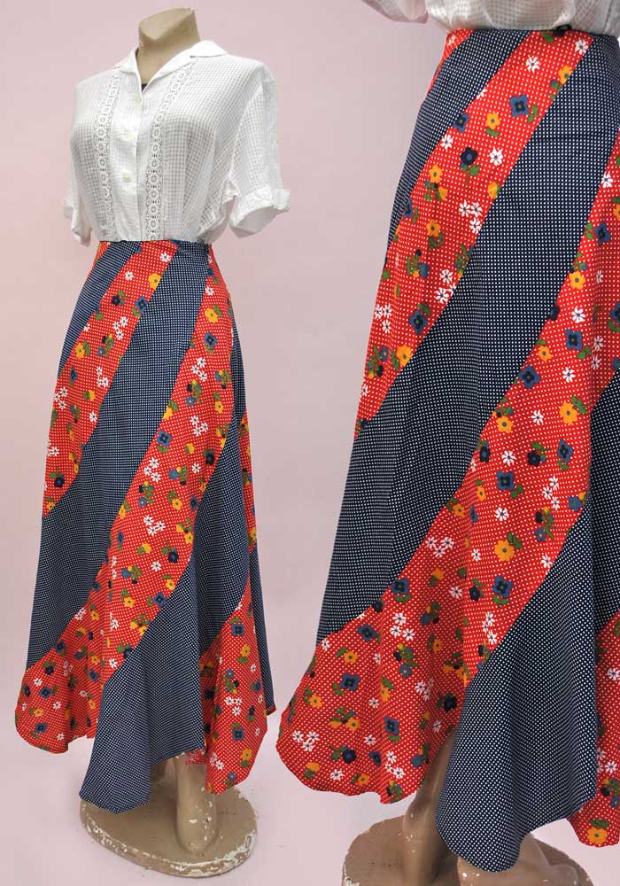 70s hippie maxi skirt with scalloped hem in polka dot red and blue cotton