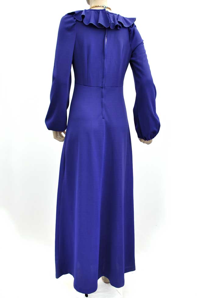 1970s Vintage Purple Maxi Dress • Balloon Sleeves • Ruffle Front • Plunging Neckline