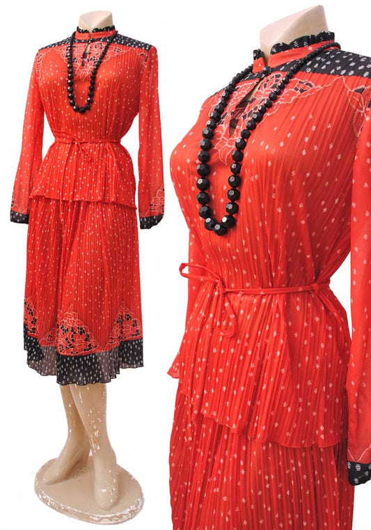 70s red and black gypsy skirt and long sleeve blouse set