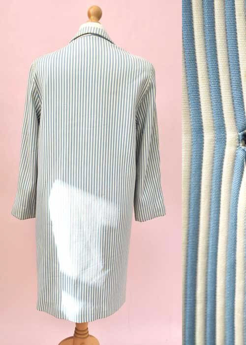 1950s Vintage Blue and White Striped Drape Coat • Chunky Galalith Buttons