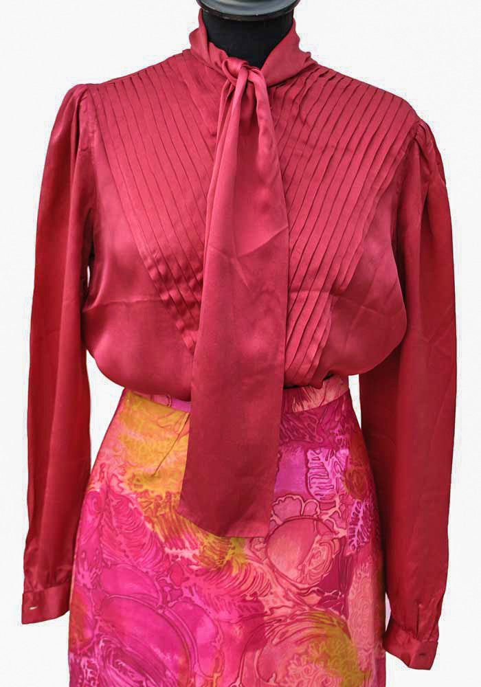 Cherry red silk blouse with tie neck and pleated front, vintage 80s