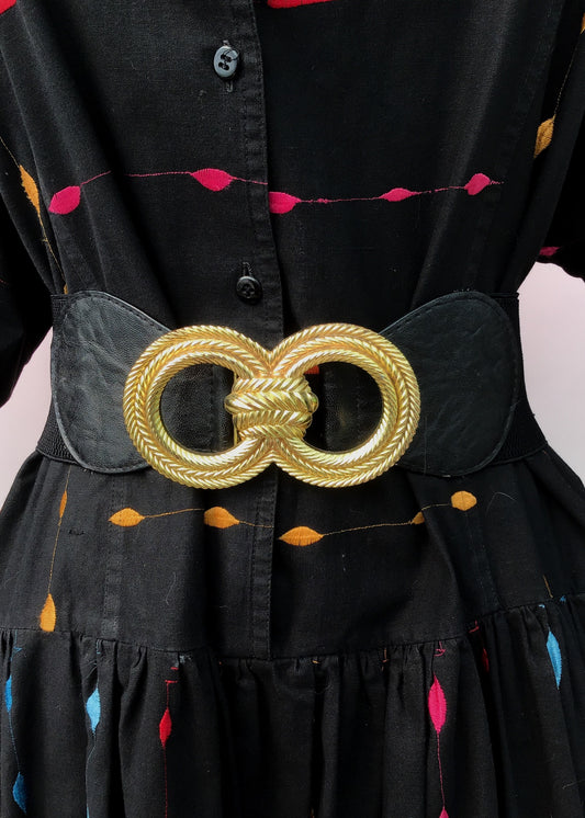 1990s Elasticated Black Cincher Belt With Gold Rope Buckle
