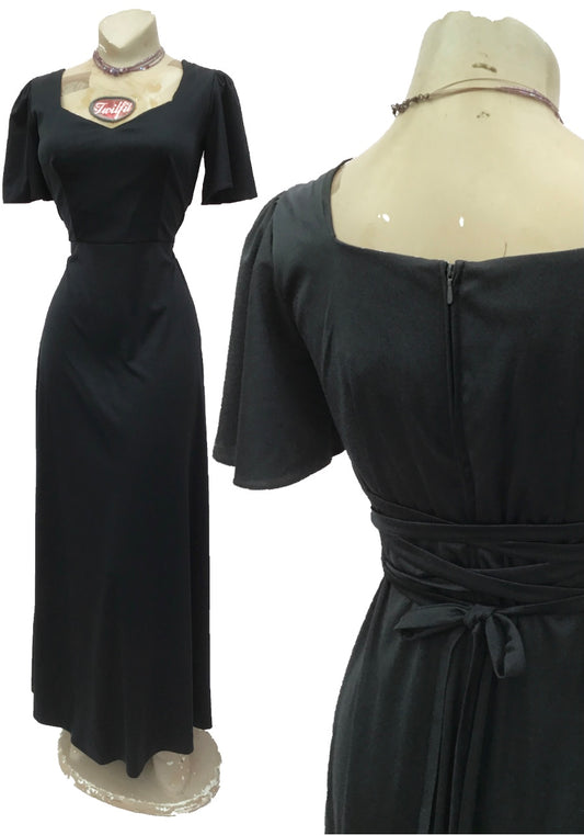 1970s Vintage Black Maxi Evening Dress with Laced Back
