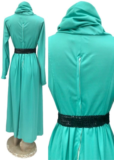 1970s Cool Green Maxi Dress with Cowl Collar Hood