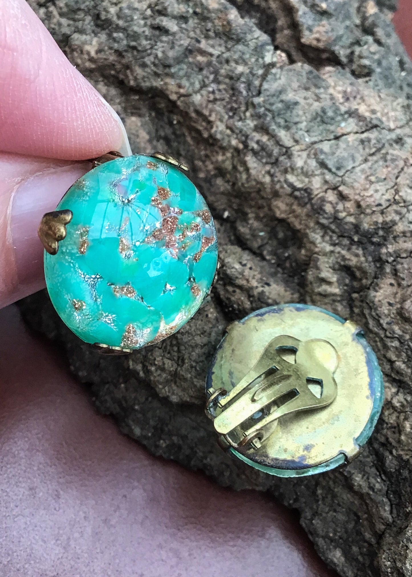 1930s Jade Green Gold Foil Glass Dome Clip On Earrings