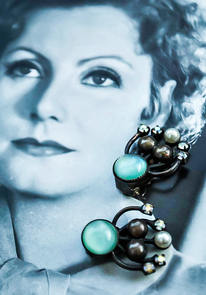 Art nouveau clip on earrings chrysocolla greeny blue stones