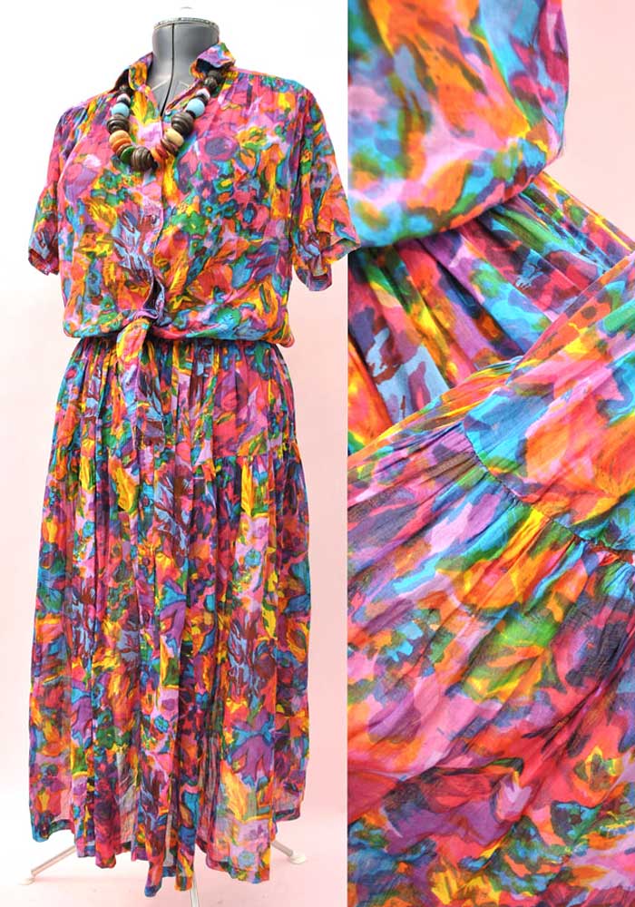 Vintage 80s Indian Cotton Multicoloured Skirt & Top • Boho • Adini