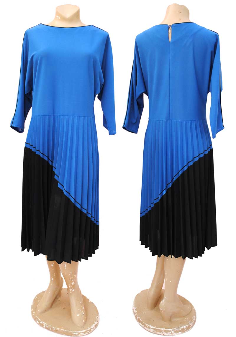 vintage 80s blue power dress with pleated skirt