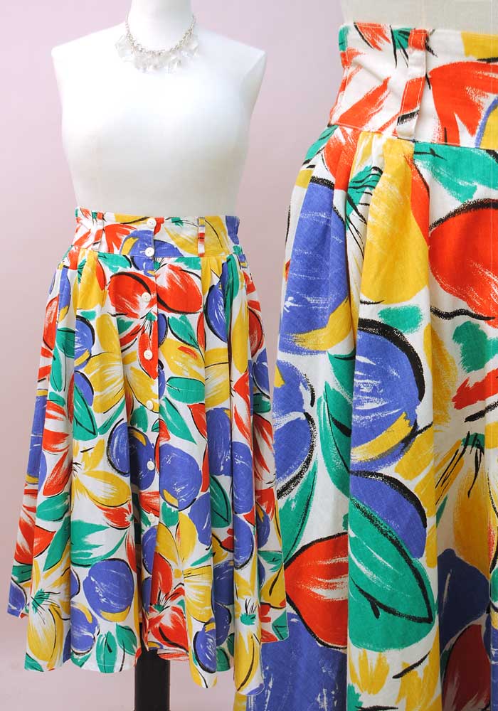 80s full circle skirt with pockets, abstract multicolour print