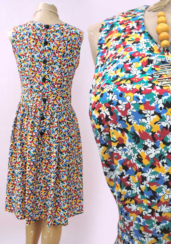 1980s Vintage Multicolour Crepe Sleeveless Drop Waist Flapper Sun Dress