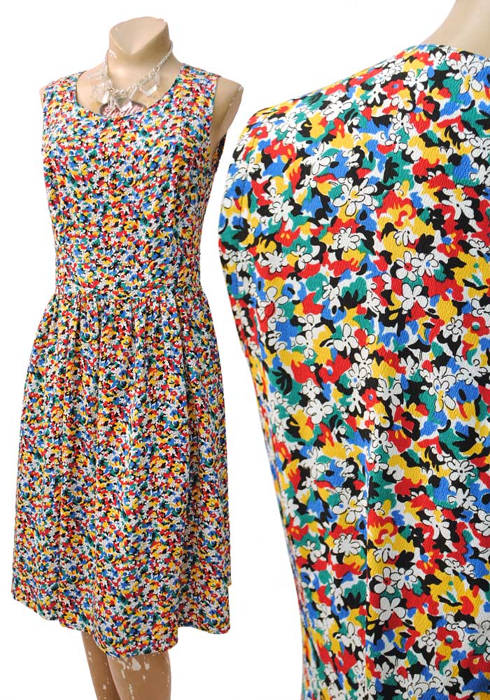 ditsy multicoloured floral crepe flapper dress, sleeveless drop eaist dress, vintage 80s