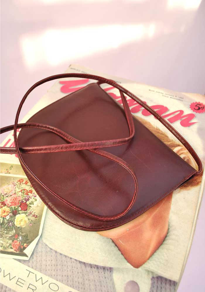 1970s Vintage Burgundy Leather Shoulder Crossbody Bag • Clutch Purse
