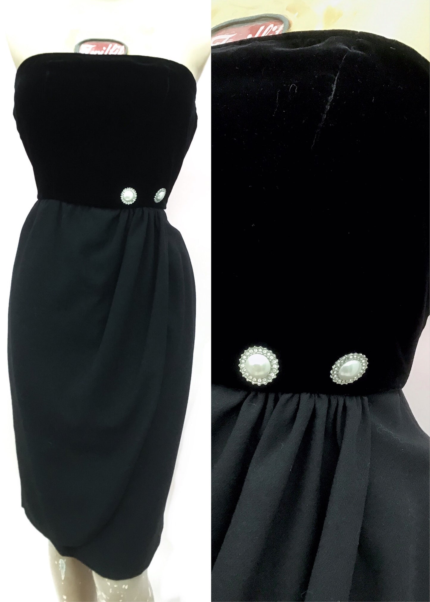 Vintage 80s Valentino Black Velvet Strapless Cocktail Dress • Designer