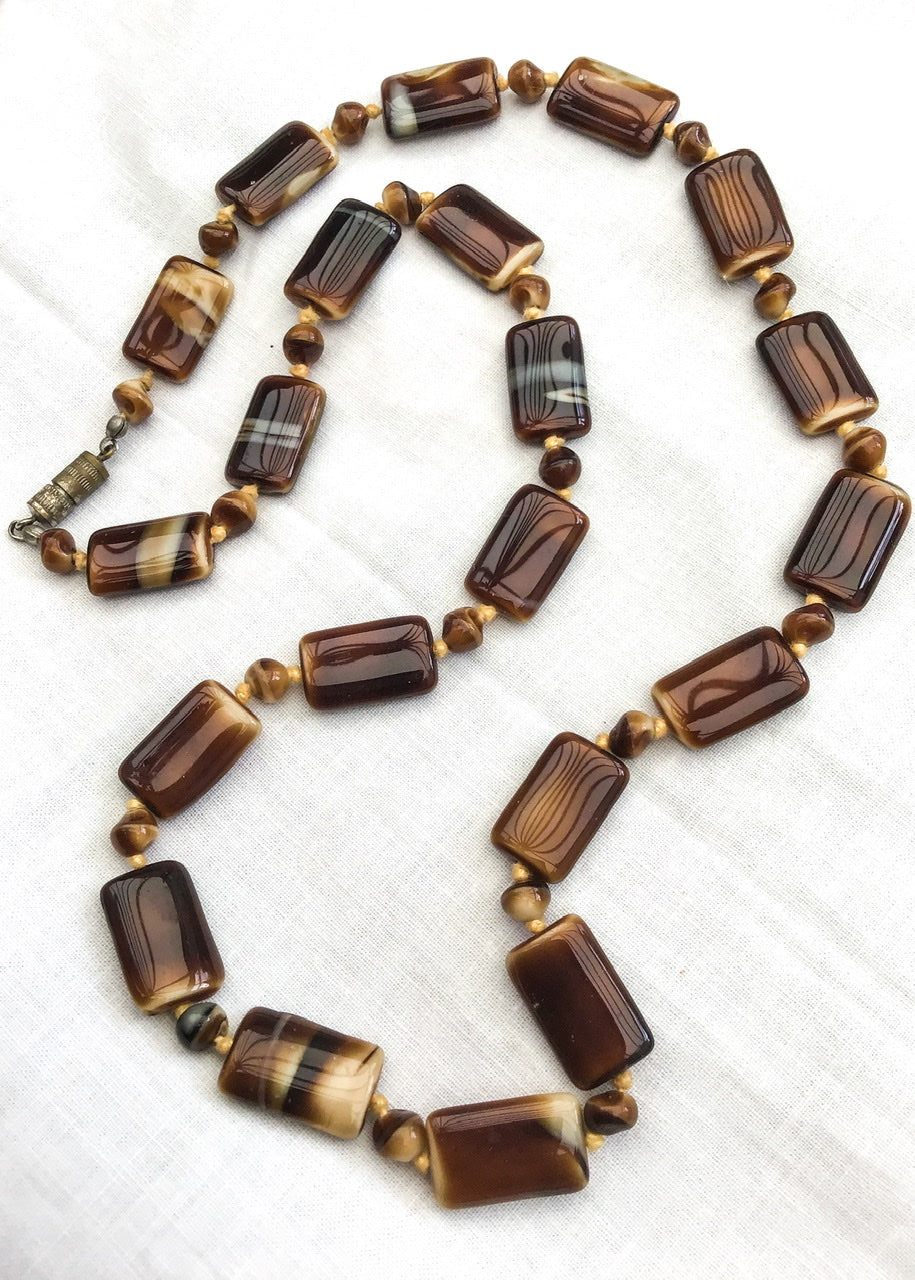 Vintage Caramel Banded Agate Lozenge Bead Necklace