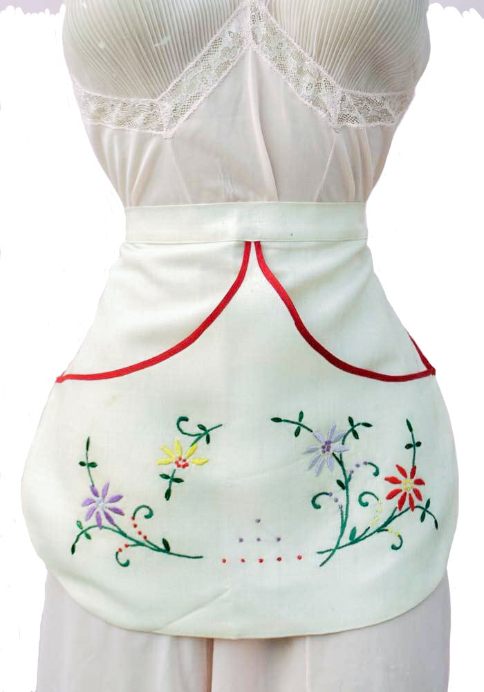 vintage embroidered Linen half apron with pockets