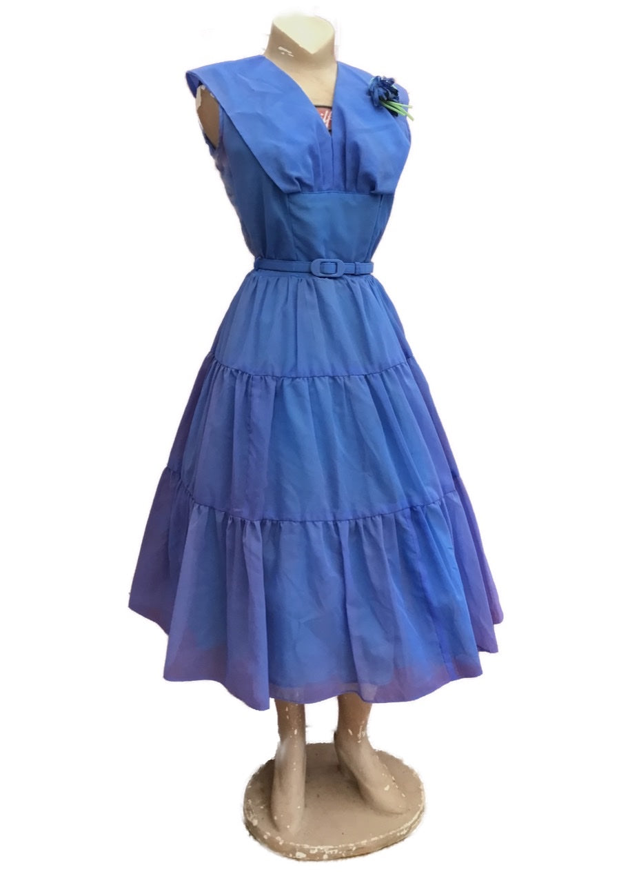 vintage periwinkle blue chiffon tiered fit and flare cocktail dress from the 1950s
