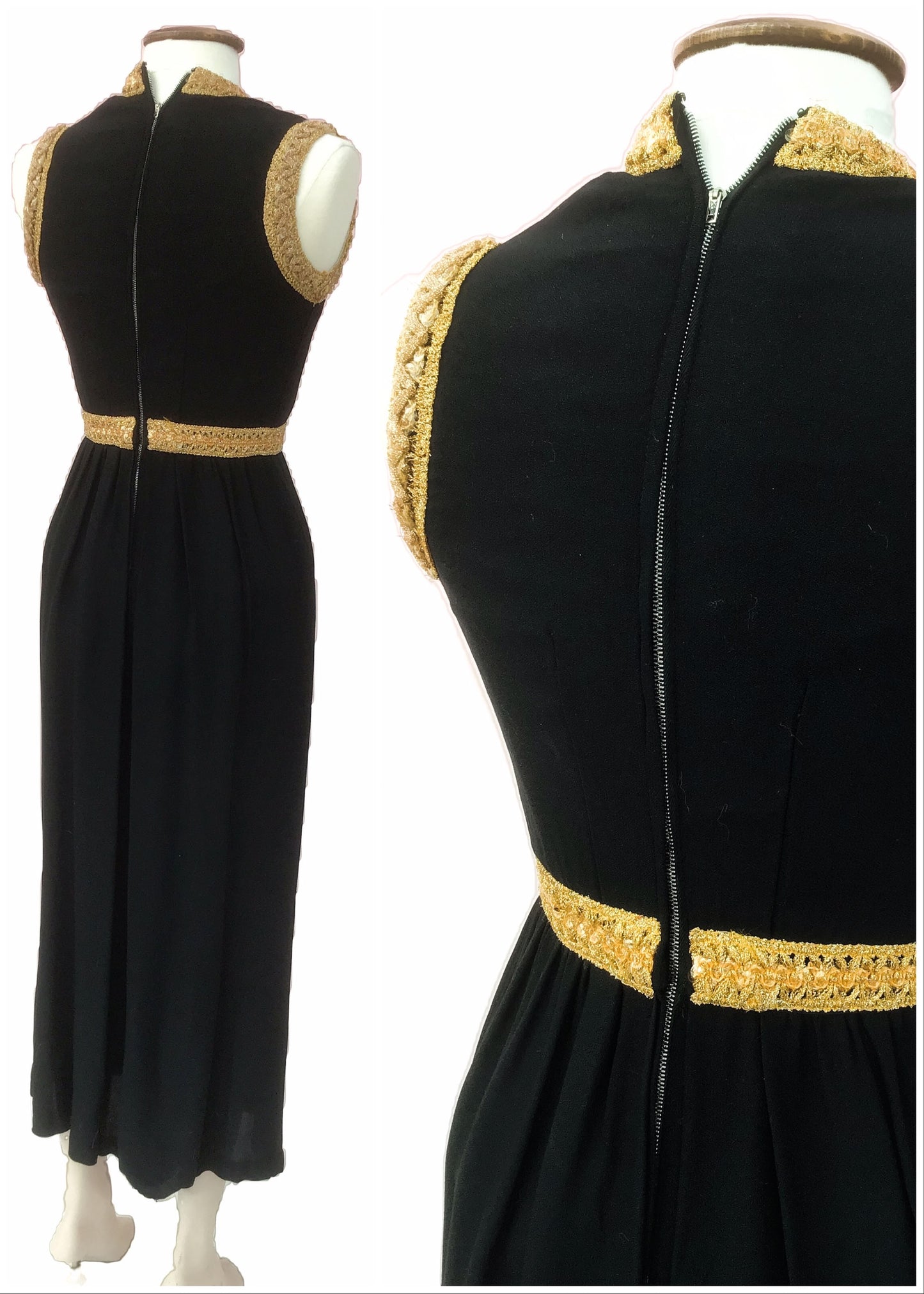 1960s Vintage Black & Gold Sleeveless Crepe Culottes Jump Suit • UK size 10 • Disco