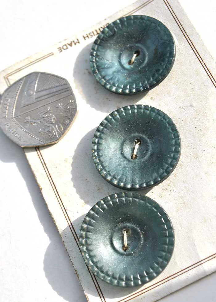 3 large pearlescent green galalith early plastic buttons