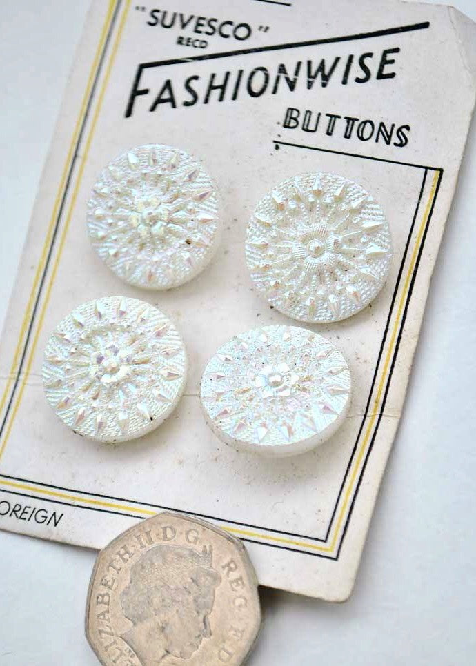 1950s Vintage Pearlescent White Pressed Glass Buttons Fashionwise