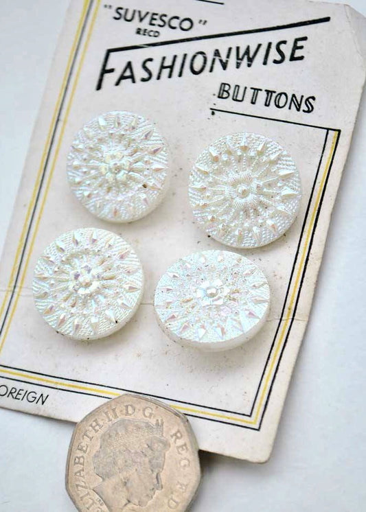 1950s Vintage Pearlescent White Pressed Glass Buttons Fashionwise