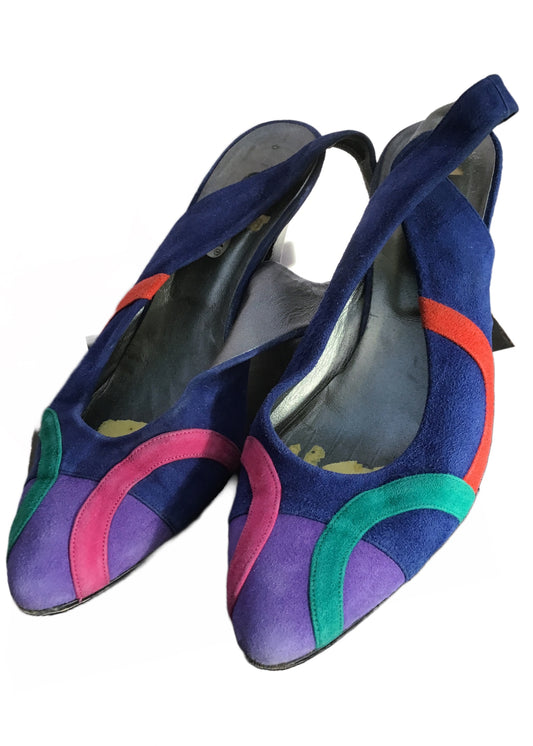 Vintage 80s Blue Suede Slingback Sandals Shoes • size 39