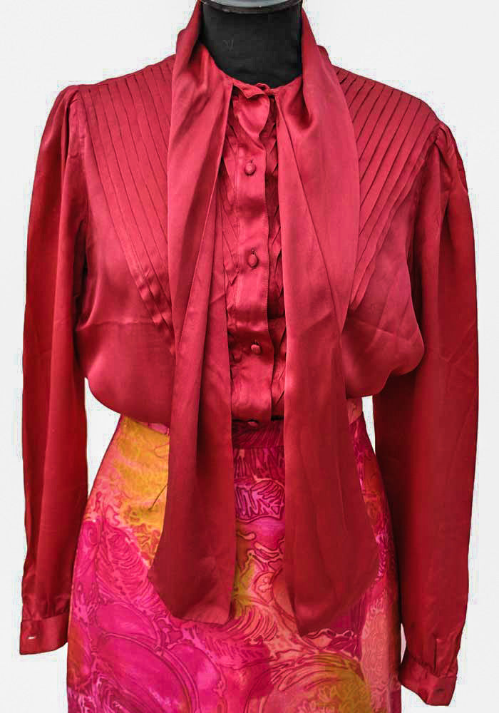 1980s Vintage Cherry Red Silk Pussy Bow Blouse, Pintucked Front