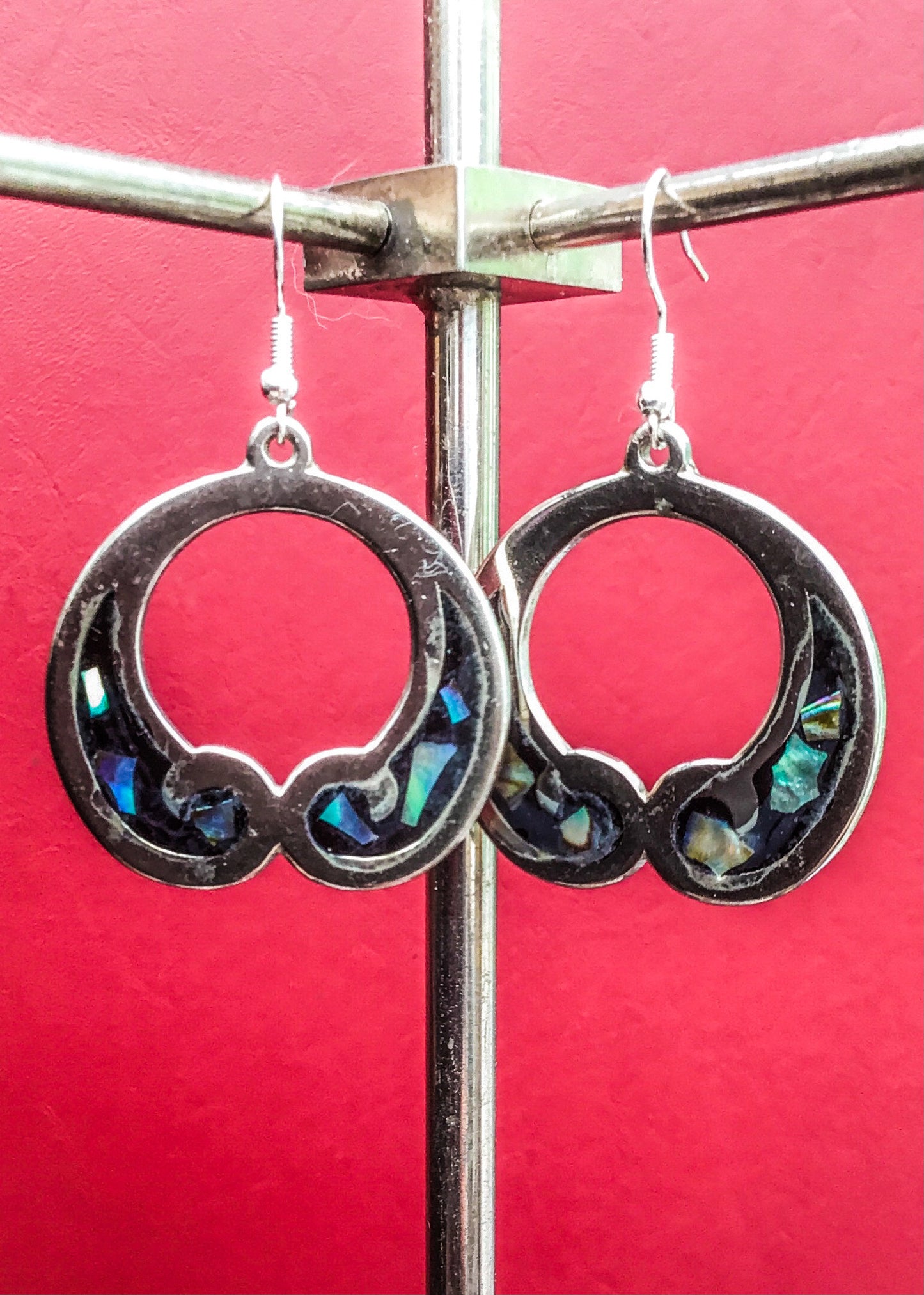 Vintage 80s Silver Hoop Dangle Earrings with Abalone | Hook Earrings
