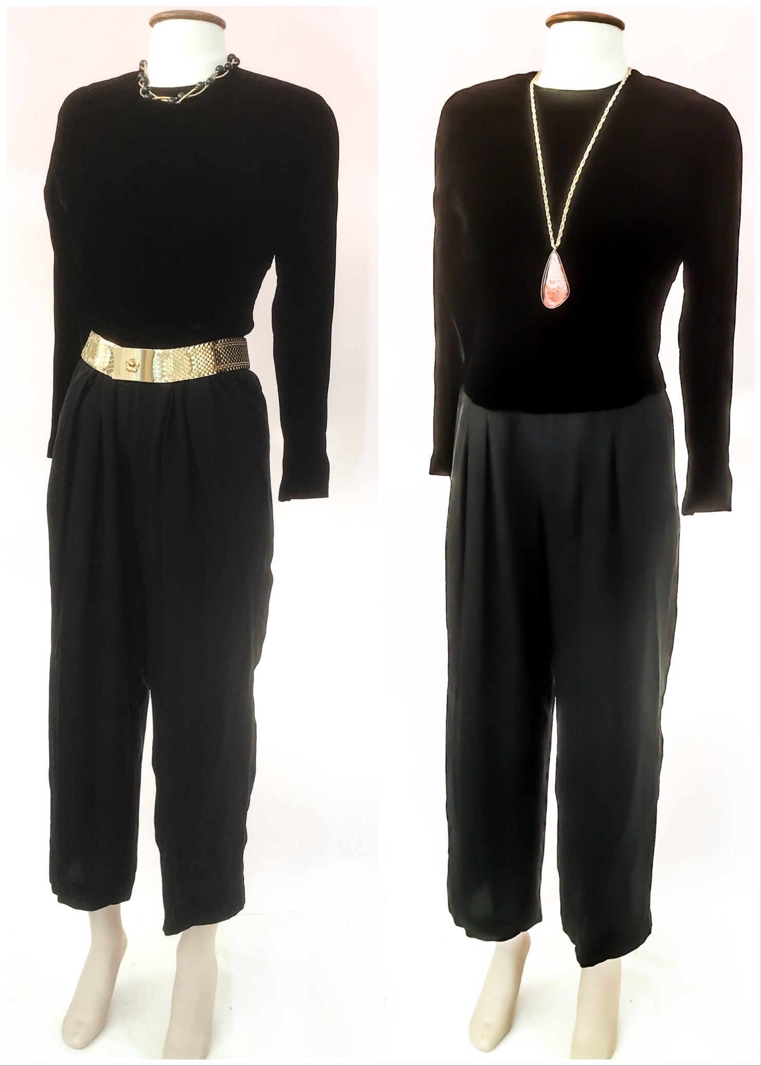 Vintage jumpsuit by Anne Klein from the 80s 90s, long sleevedvelvet body with light and airy georgette tapered legs, perfect for dancing.