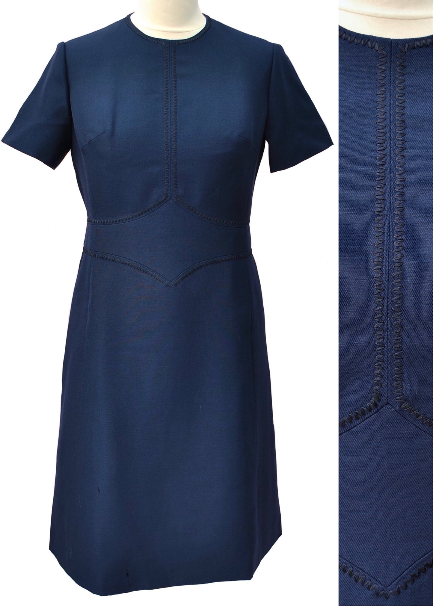pure new wool, navy vintage mod shift dress by hucke to fit 38 inch bust