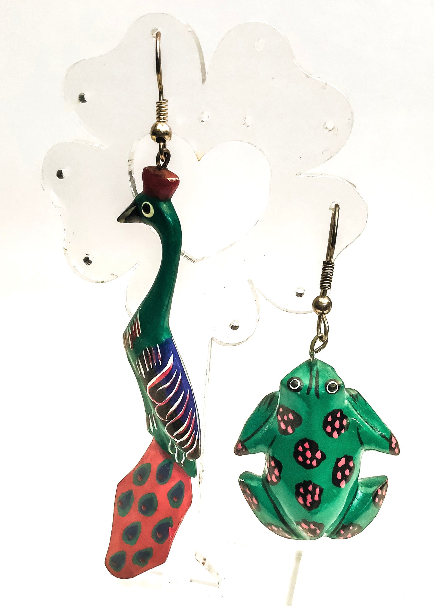 Large Vintage Novelty Paper Mache Odd Earrings • Hand Painted • Peacock Frog