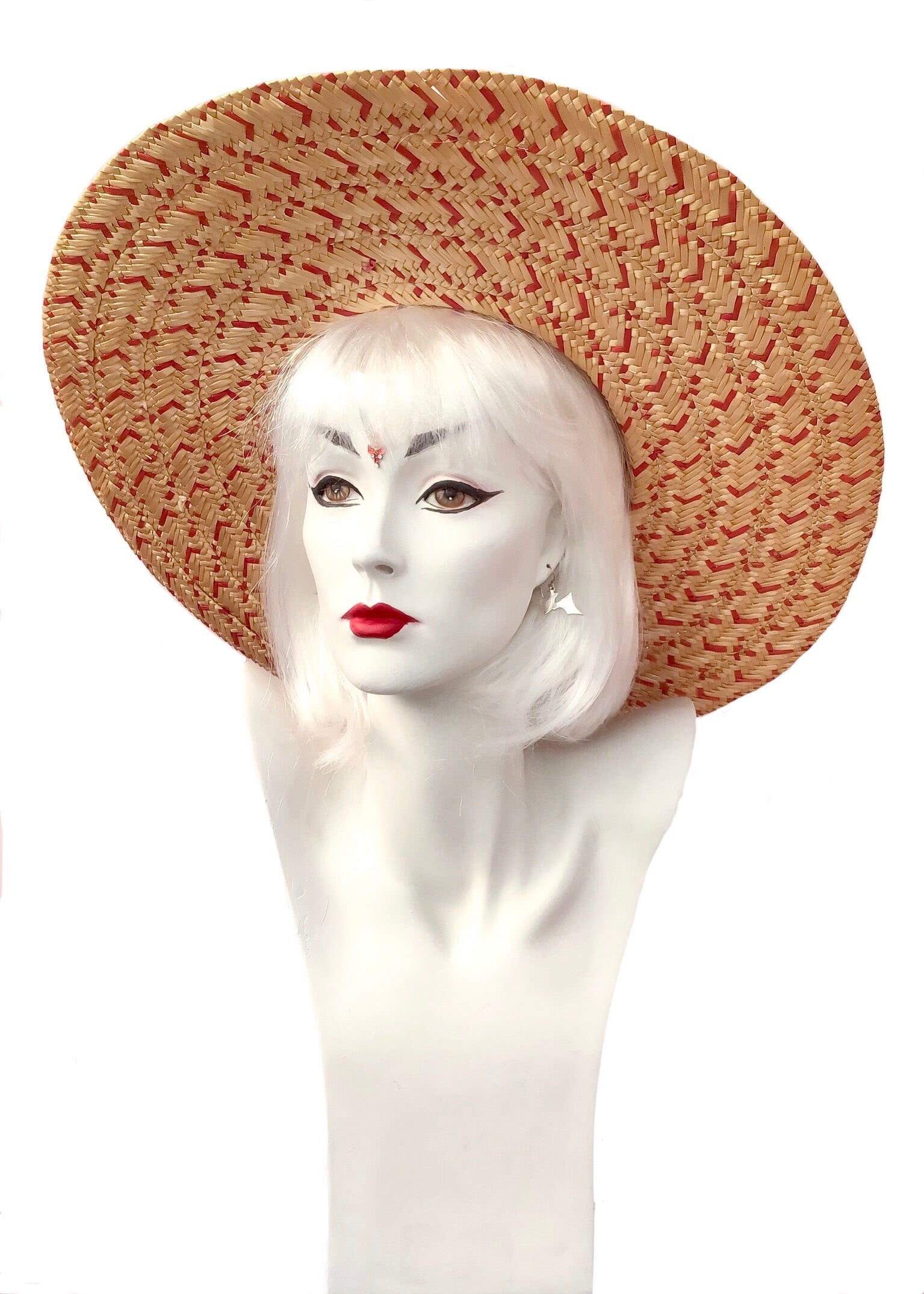 Huge vintage wide brim straw sun hat with red woven straw and natural, fab rockabilly hat to keep you cool and shady