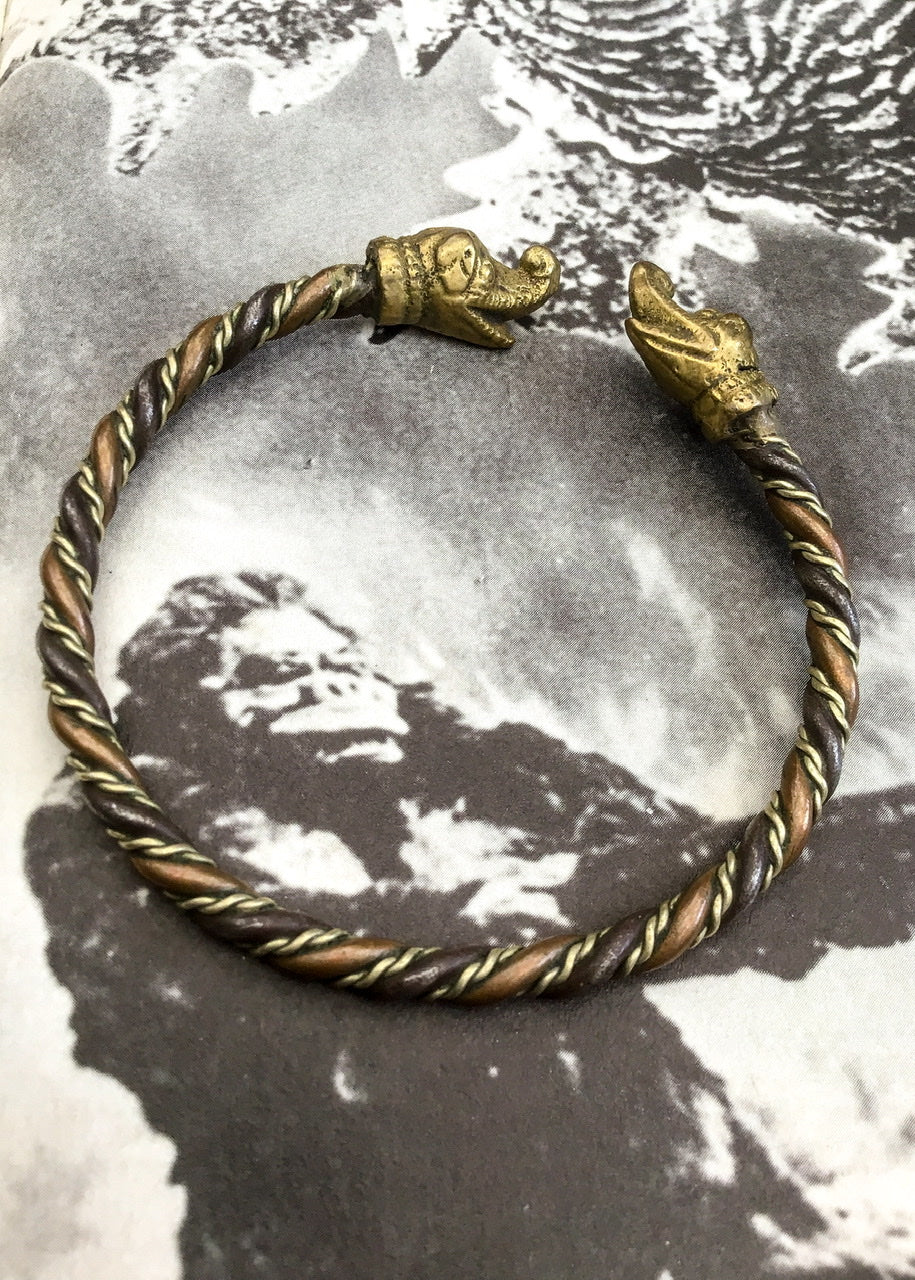 mixed metals twisted torque cuff bracelet with brass dragon heads