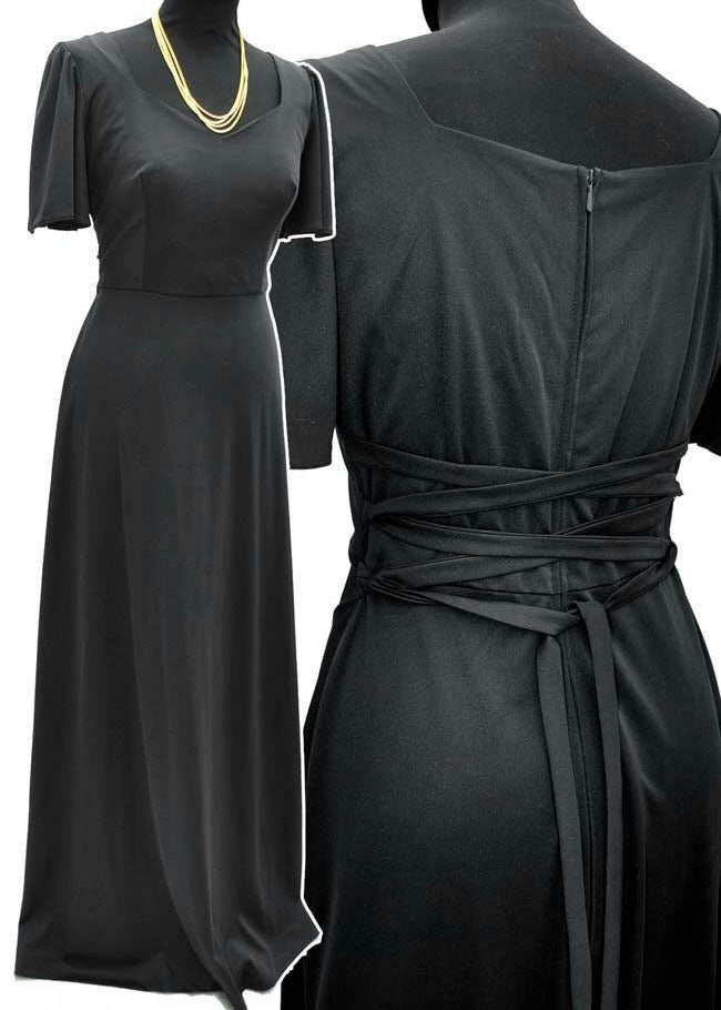 Vintage 70s kleemeier hof black evening dress with corset laced back