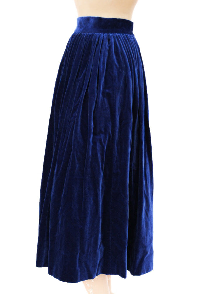 Vintage Cobalt Blue Velvet Flared Midi Skirt